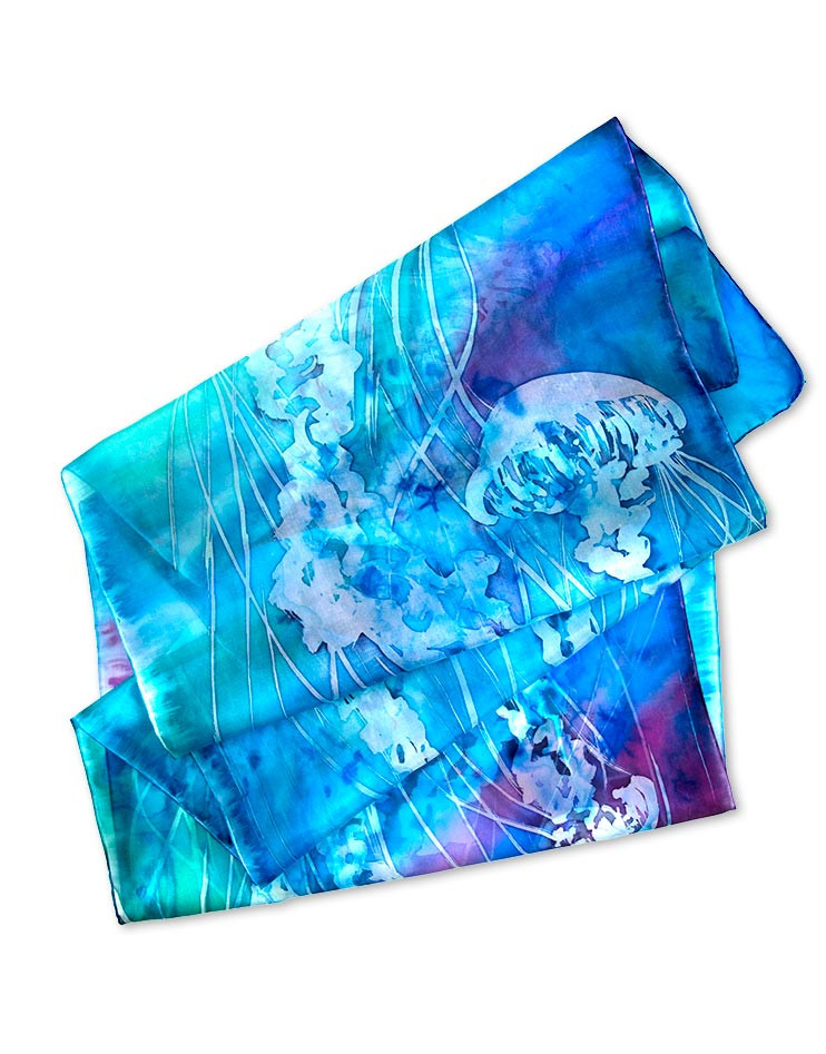sobre Paisaje Orgullo Medusas - Pañuelo de seda pintado a mano - Diseño único
