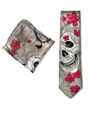 Mexican Skull - Corbata y pañuelo de bolsillo de seda pintado a mano