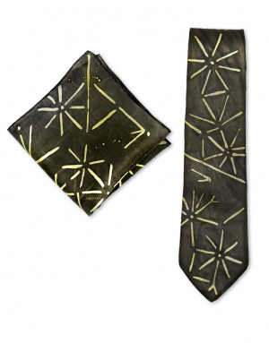 Asian Stars - Corbata y pañuelo de bolsillo de seda pintado a mano